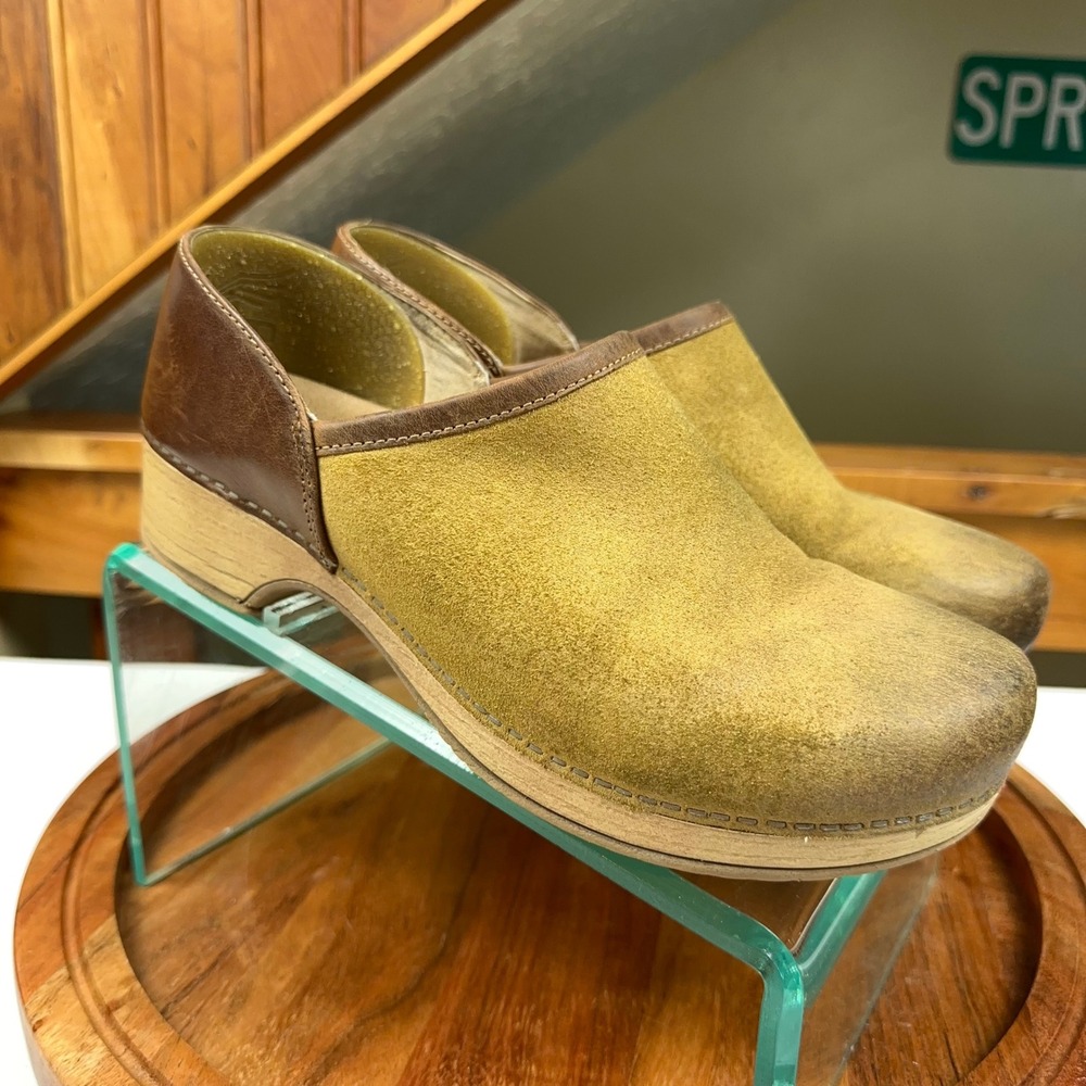 Dansko Professional Clogs Womens 39 Suede Leather Two Tone Brown Mustard Yellow